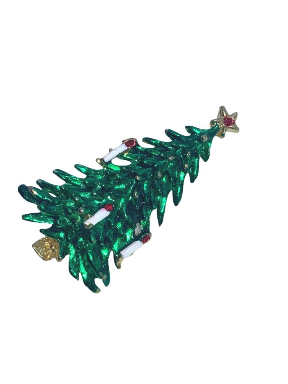 Green Enamel Gold Tone Candles Christmas Tree with Candles Pin Brooch Vintage - Picture 3 of 7